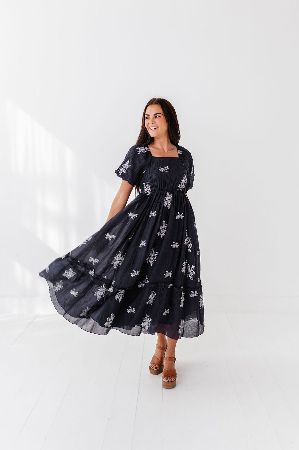 Lola Embroidered Dress in Navy