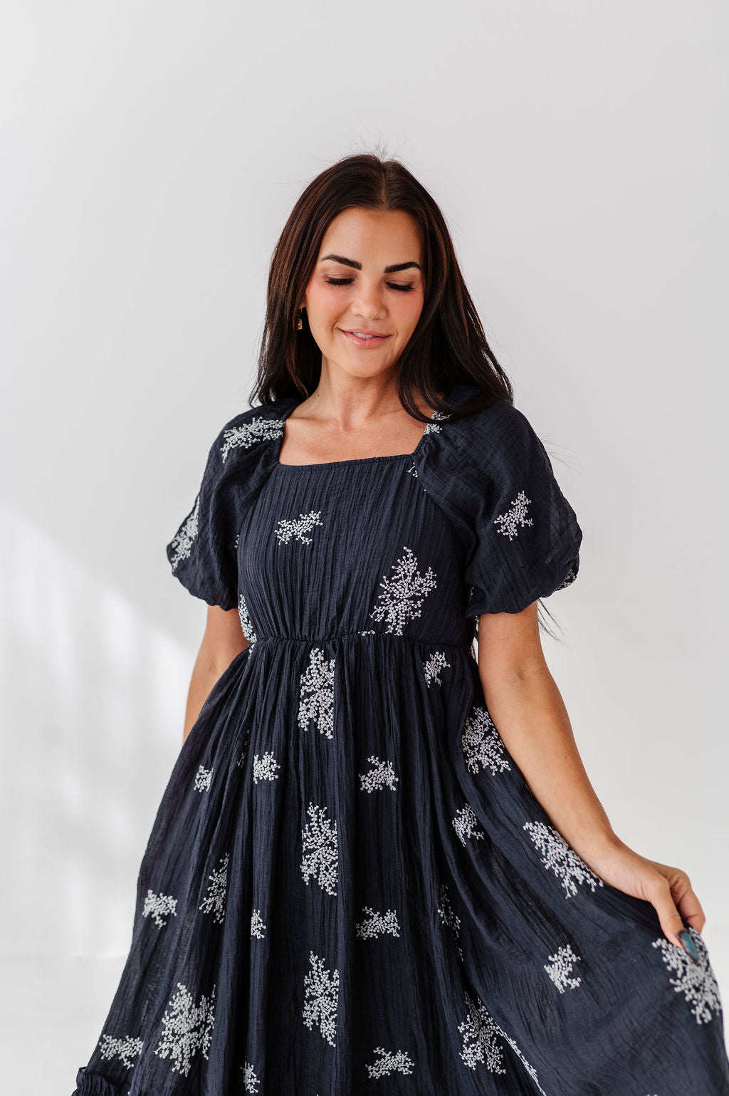 Lola Embroidered Dress in Navy