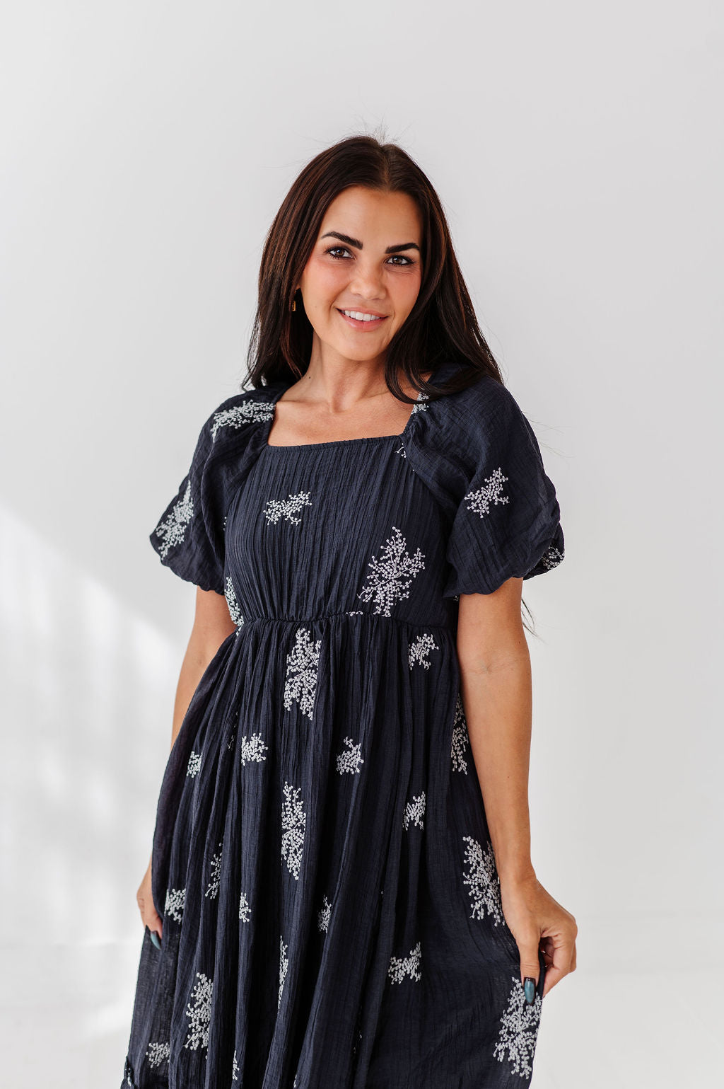 Lola Embroidered Dress in Navy